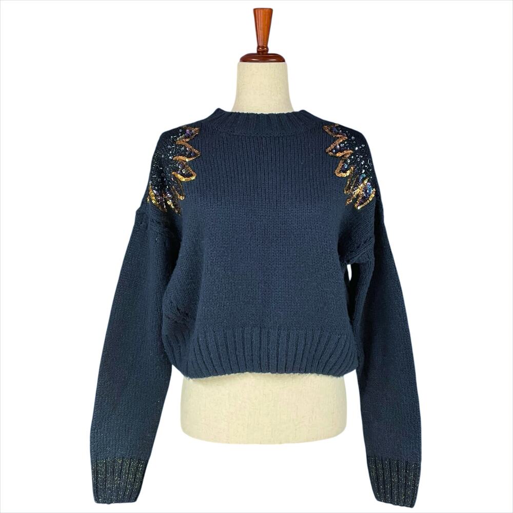 SCOTCH & SODA Flame Sequin Detail Knitted Pullover Sweater in Navy & Gold Size M